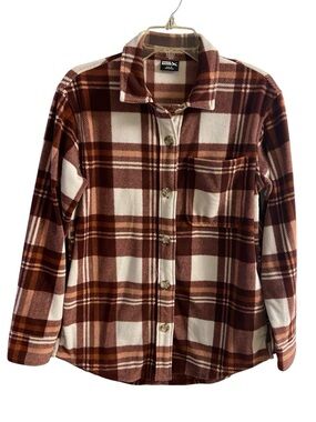 Eddie Bauer micro fleece plaid button front shirt jacket Brown white Small NWOT